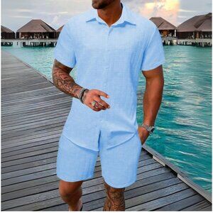 Men's Light Blue Collared Neck Short Sleeve Top & Shorts Resort Outfit